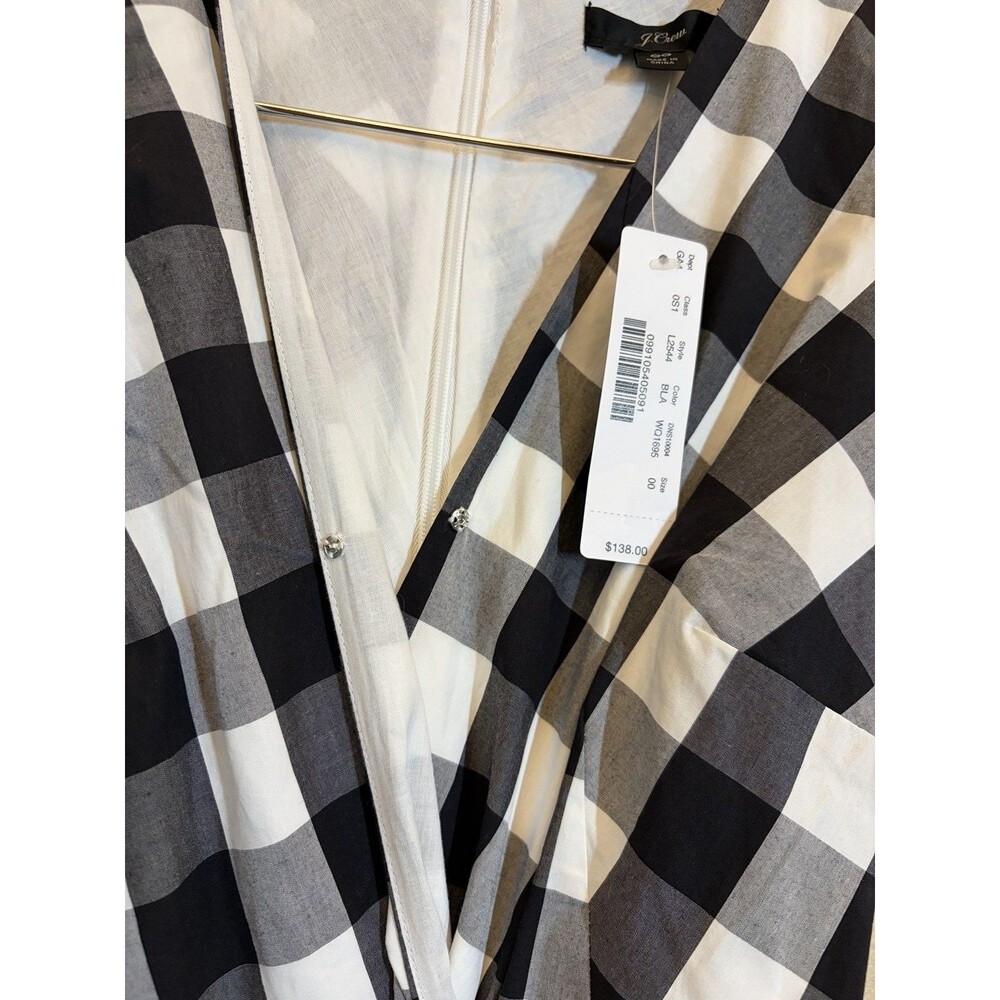 J.Crew Gingham Faux-Wrap Cotton Poplin Midi Dress 00 NWT Black & White Classic - Picture 3 of 11